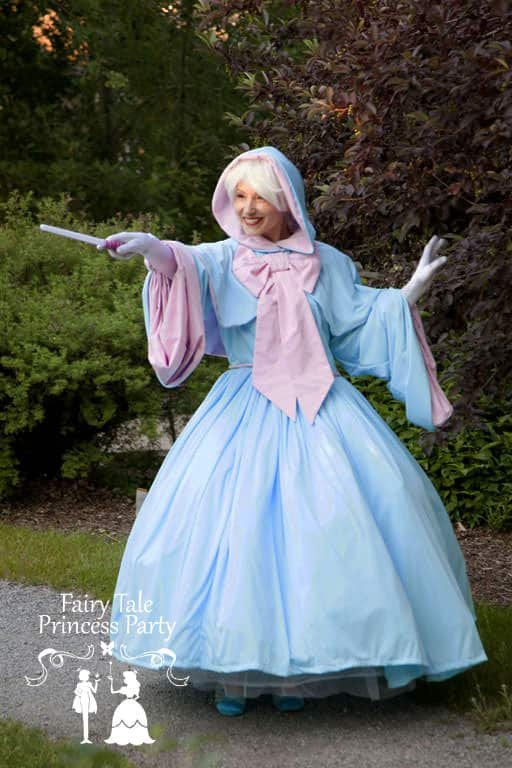 The Fairy Godmother is dressed in pink and blue and performs magic. Perfect as a second character for Cinder Princess parties for birthday parties.