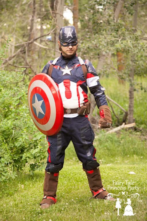 Captain America in a Calgary forest holding his shield