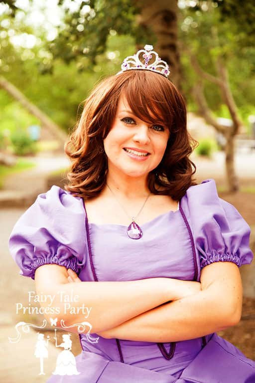 Closeup of the beautiful Purple Princess with her purple crystal amulet and her adorable gown.