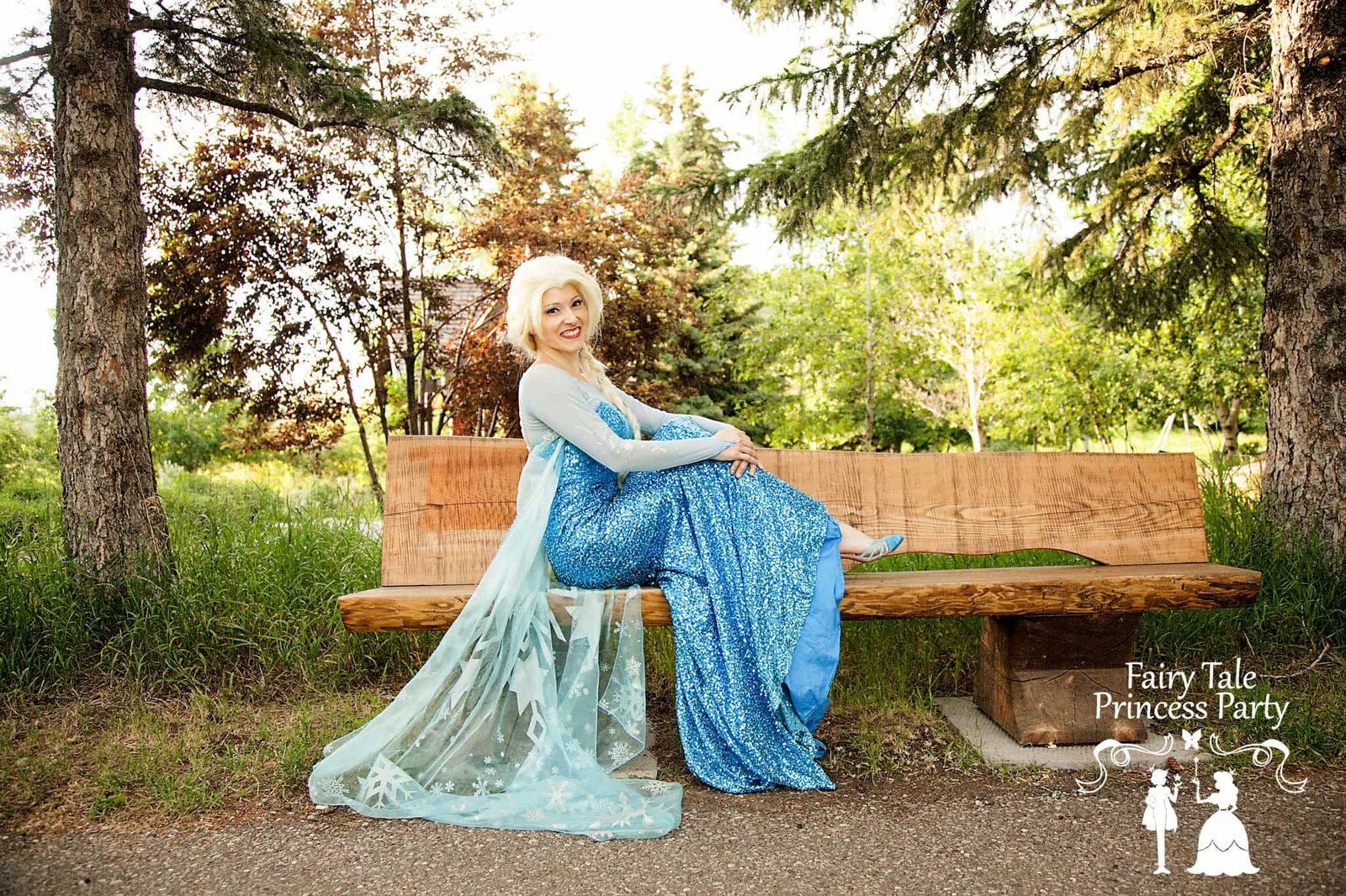 Ice Queen sitting on a frozen bench